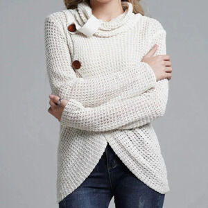 Cream Cowl Neck Chunky Sweater Wooden Buttons Surplice Front M/L